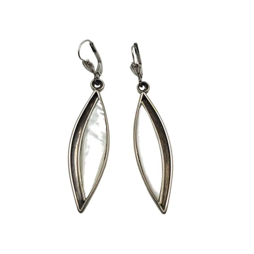 Vintage Artist Signed Mother Of Pearl Sterling Silver Drop Earrings Modernist